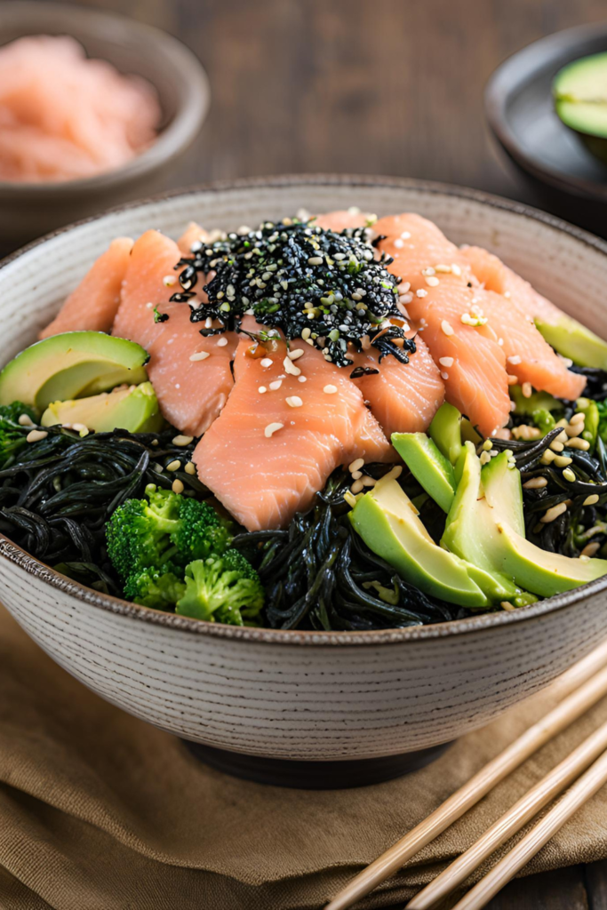 Salmon and Seaweed Nourish Bowl
A colorful bowl with vibrant green broccoli, creamy avocado, flaky pink salmon, and dark nori strips atop fluffy brown rice, all garnished with sesame seeds.