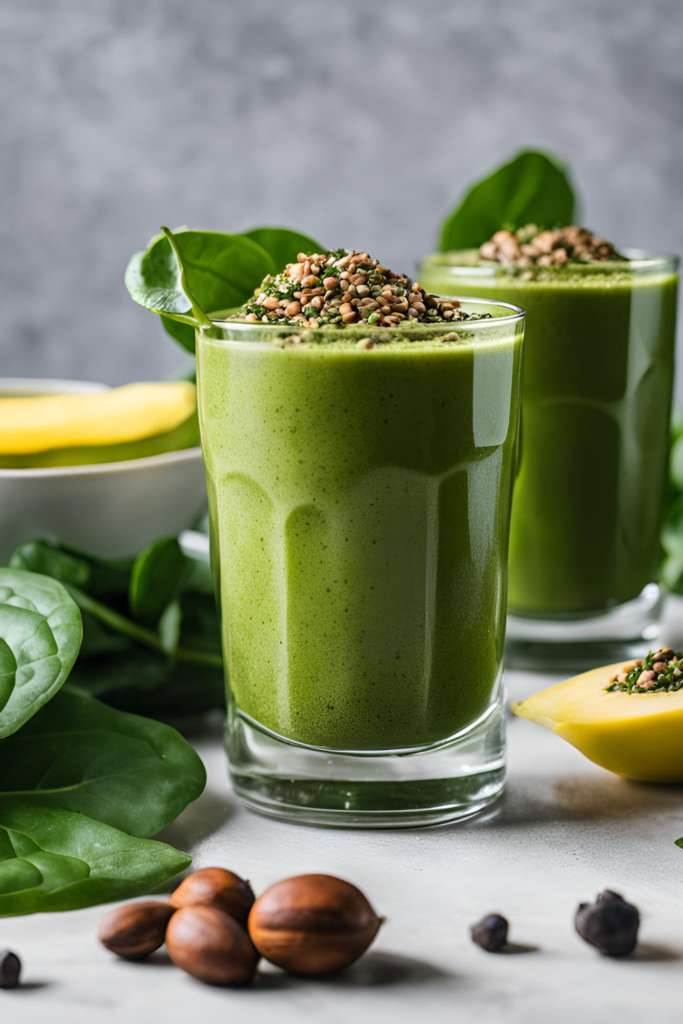 Brazil Nut and Spinach Smoothie
A rich green smoothie served in clear glasses, garnished with a sprinkle of chia seeds and a Brazil nut on top, with a fresh spinach leaf on the side.