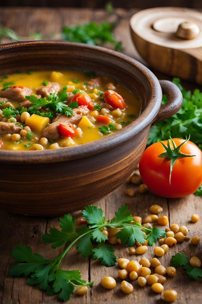 Turkey and Lentil Stew
A hearty bowl of golden-yellow stew filled with chunks of turkey, tender lentils, and vibrant tomatoes, garnished with fresh parsley.