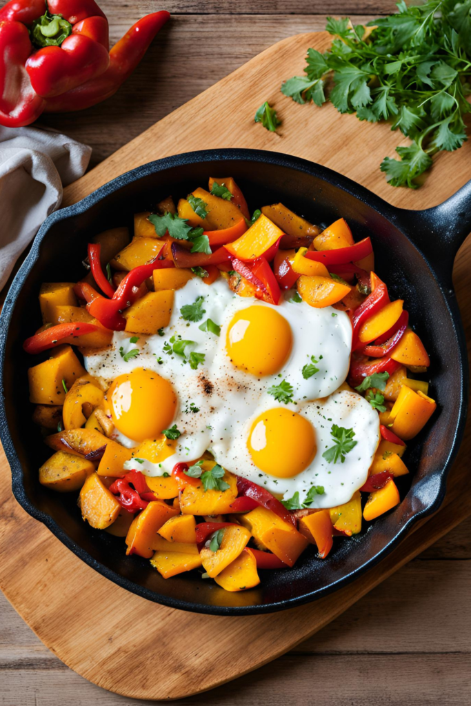 Egg and Sweet Potato Hash
A colorful skillet dish with golden sweet potatoes, vibrant bell peppers, and perfectly cooked sunny-side-up eggs nestled on top.