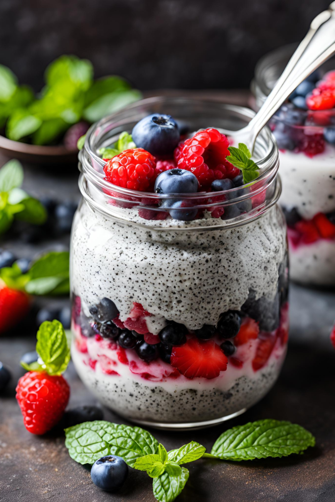  Berry and Chia Pudding
Creamy chia pudding in a glass jar, layered with vibrant red and blue berries, and garnished with a sprig of mint.