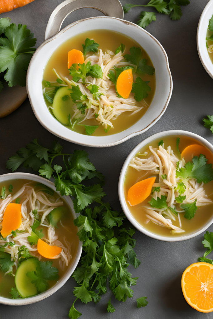 Gut-Healing Bone Broth Soup
A steaming bowl of golden broth filled with vibrant orange carrots, green zucchini, and shredded chicken, garnished with fresh parsley for a wholesome and inviting look.