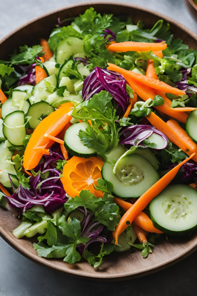 Fermented Vegetable Salad
A colorful salad featuring vibrant greens, bright orange carrots, crisp cucumber slices, and tangy fermented vegetables, drizzled with a light vinaigrette.