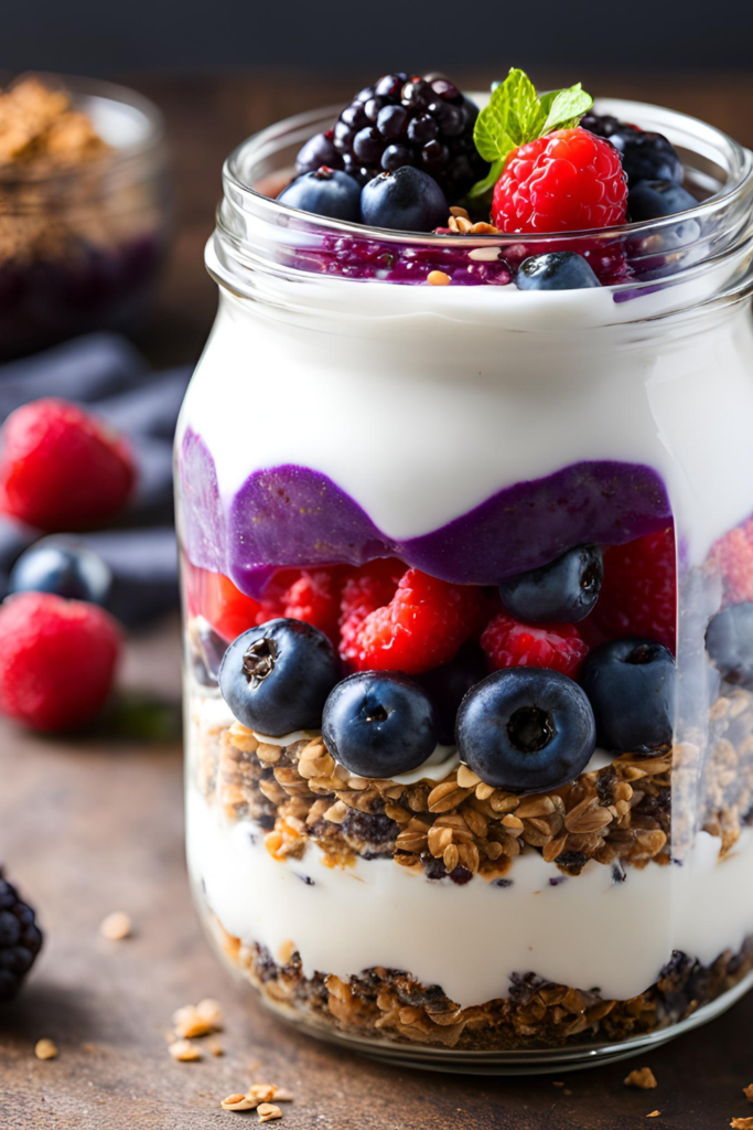 Probiotic Yogurt Parfait
A layered parfait with creamy white yogurt, a crunchy granola layer, and a burst of red, blue, and purple berries, all topped with a sprinkle of chia seeds.