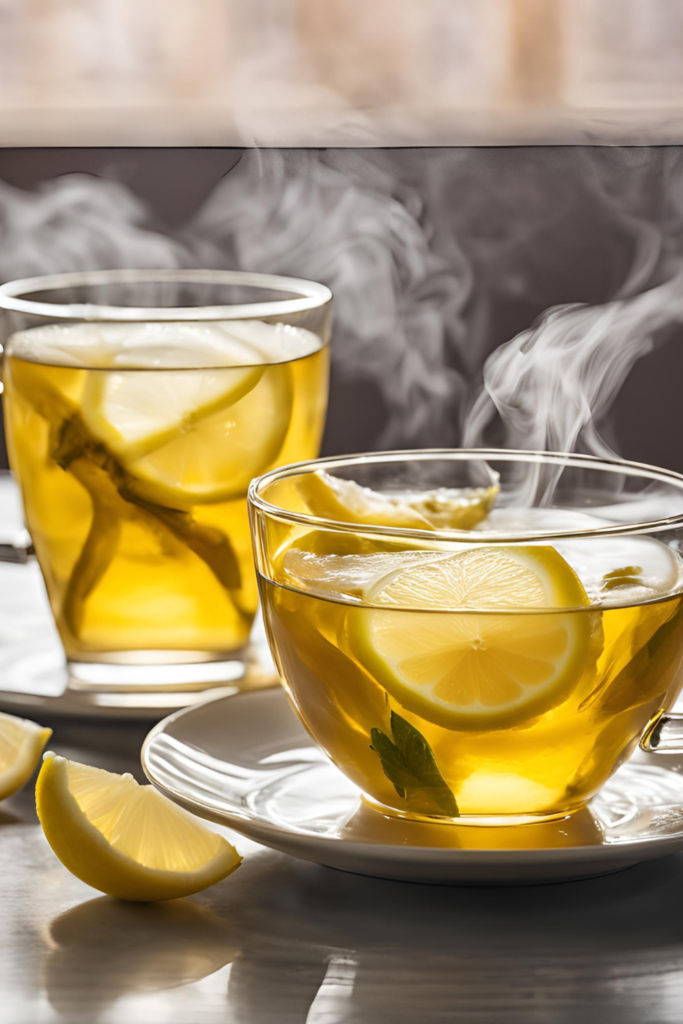 Soothing Turmeric Ginger Tea
A golden-yellow tea served in clear glass mugs, with a lemon slice floating on top and steam rising, exuding warmth and comfort.
