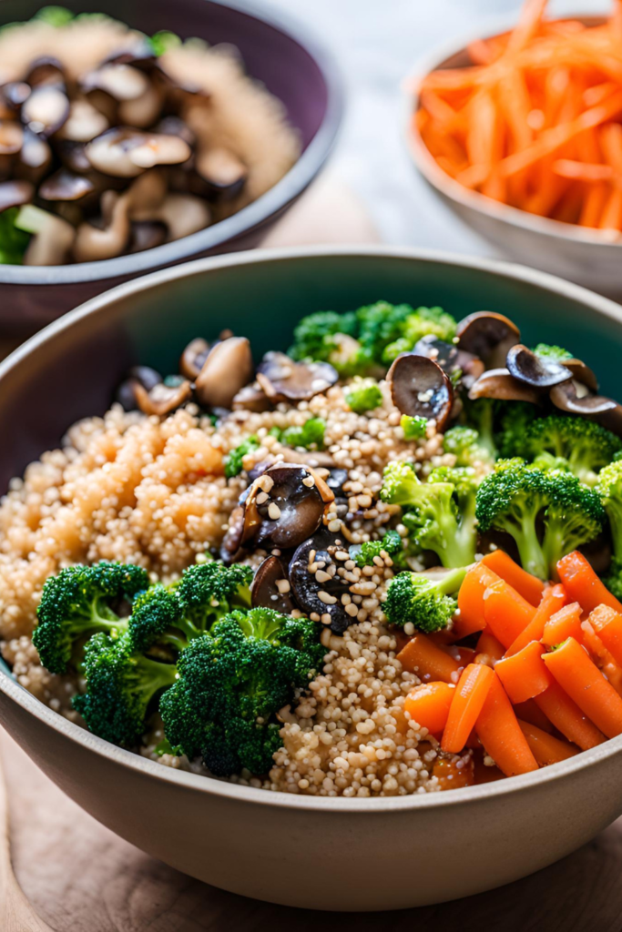 Gluten-Free Miso Quinoa Bowl
A vibrant bowl filled with fluffy quinoa, bright green broccoli, earthy mushrooms, and colorful carrots, drizzled with a light miso sauce and topped with sesame seeds.