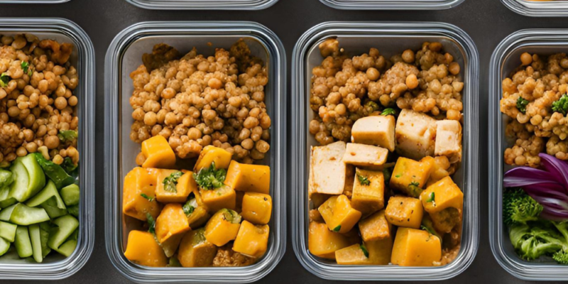 Meal prep containers neatly arranged flat lay of colorful and wholesome meal prep containers, each labeled for the days of the week. The containers are filled with vibrant, fresh meals: golden lentil curry, bright tofu stir-fry with crisp vegetables