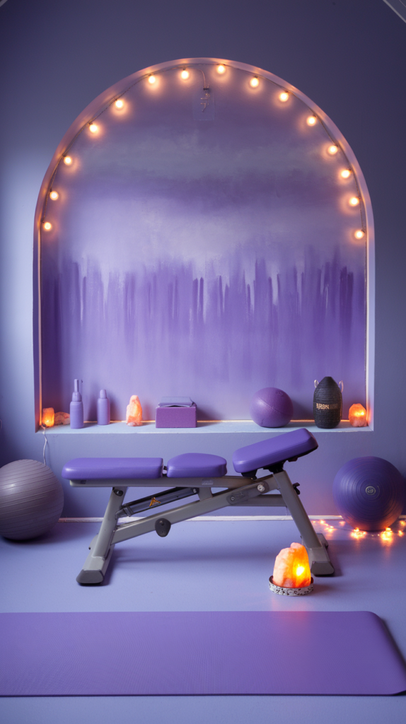  A lavender feature wall anchors this dreamy gym, paired with silver-toned equipment and a plush yoga mat. Soft lighting and a Himalayan salt lamp enhance the zen-like feel, perfect for meditation and stretching.