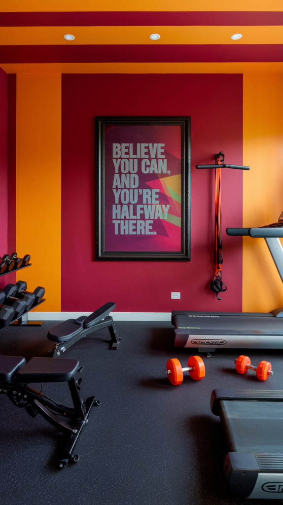This home gym is designed for high-energy workouts like HIIT or cardio. The walls are painted in a deep red accent with pops of orange in the form of equipment like dumbbells and resistance bands. A black rubberized floor anchors the bold colors, while motivational wall art adds an extra boost.