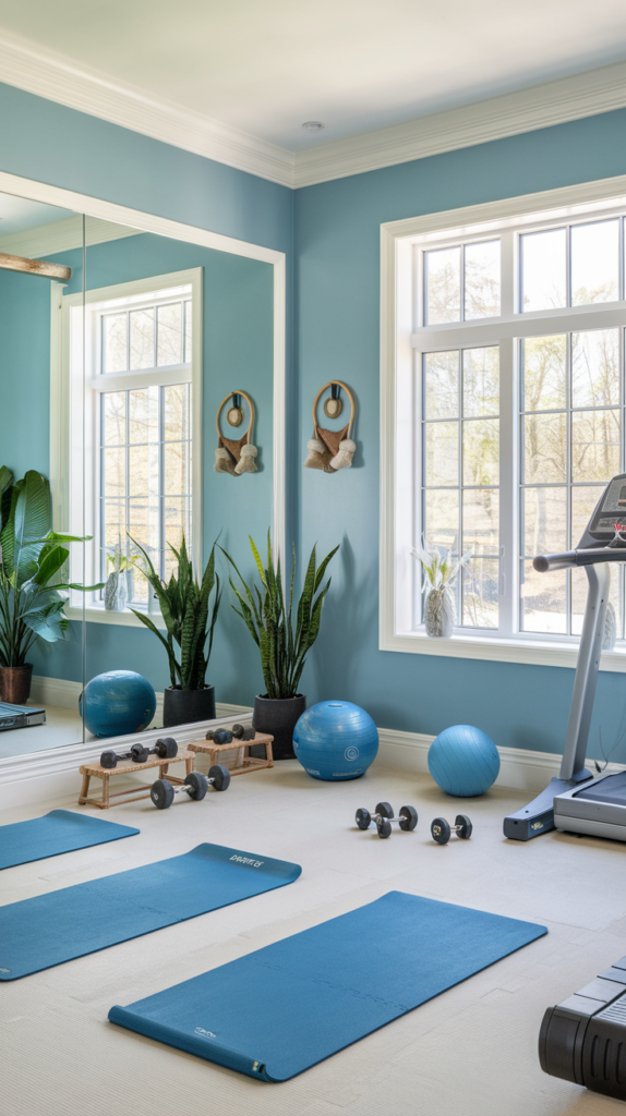 This gym features soft blue walls complemented by white trim and natural wood accents. The cool tones create a serene space ideal for yoga, pilates, or endurance training. Large windows let in natural light, and indoor plants add a touch of greenery.