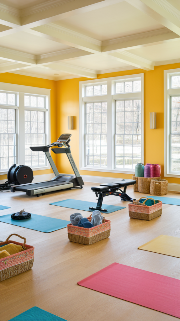 The space is illuminated with sunny yellow walls and white trim, creating a bright and cheerful atmosphere. Natural light floods the room through large windows, and light oak flooring keeps the look airy. Decorative baskets and vibrant yoga mats in complementary colors add charm.