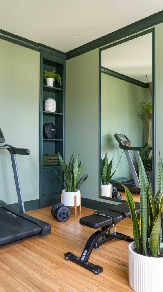 The walls are painted in a soft sage green, paired with dark green accents on the trim and storage units. The gym features bamboo flooring and potted plants like snake plants and ferns to enhance the fresh, natural vibe.