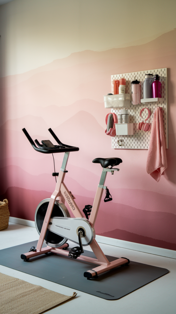 A stationary bike in blush pink set on a gray mat to protect the floor. Behind it, a wall-mounted white pegboard organizes water bottles, headphones, and gym towels. The background features a gradient wall mural transitioning from blush pink at the base to white at the top.