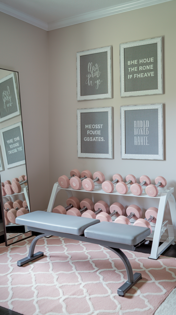 A corner of the room with blush pink dumbbells neatly arranged on a white rack. The wall features motivational quotes in white frames with gray mats. A sleek, gray bench sits atop a blush pink and white patterned rug, with a tall mirror leaning against the wall for form checks.