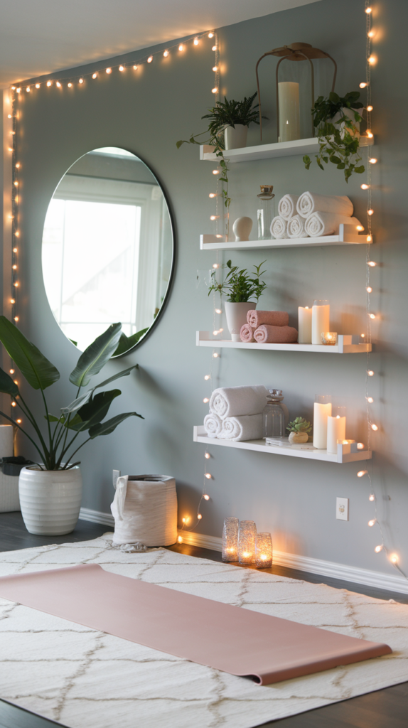 A peaceful yoga corner with a soft blush pink yoga mat rolled out on a white area rug. The backdrop features a calming gray wall with a large, round mirror. Add floating white shelves holding rolled towels, potted plants, and scented candles. Soft string lights frame the space for a relaxing ambiance.
