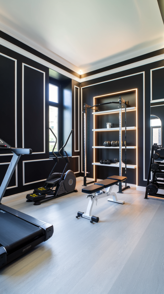 This ultra-modern gym features black walls paired with white trim and light gray flooring. Equipment in matching black and white tones maintains a polished, high-contrast aesthetic. LED strip lights under shelving add a futuristic touch.