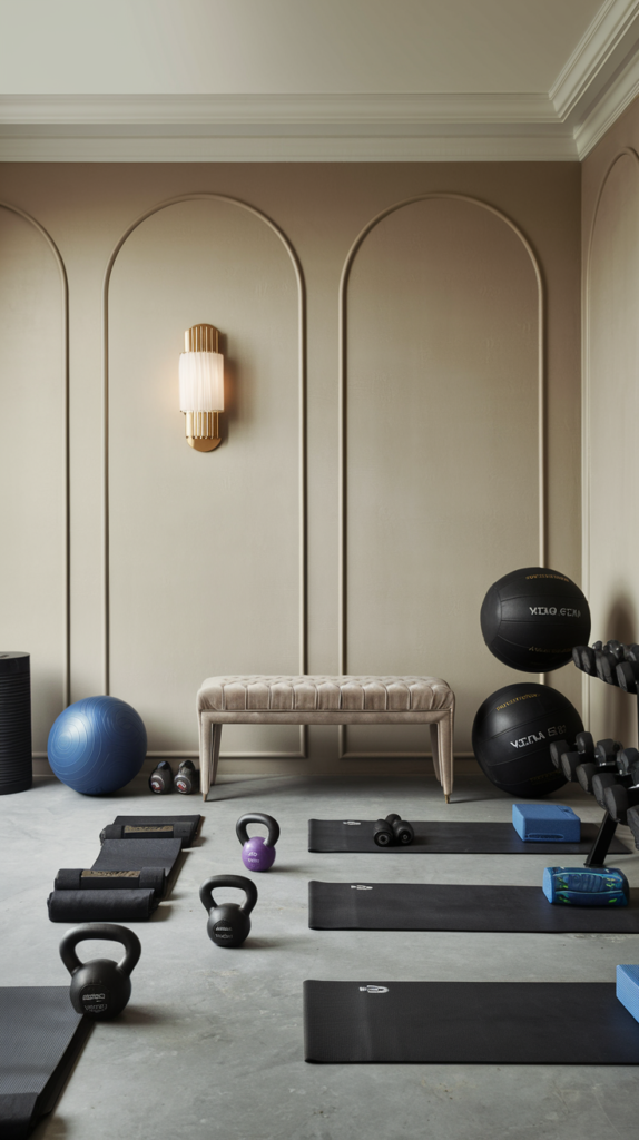This minimalist gym relies on a neutral palette of soft beige walls and gray flooring. Equipment like kettlebells and yoga mats are in muted tones, maintaining a clean, cohesive look. Gold-accented wall sconces and a plush bench complete the sophisticated design.