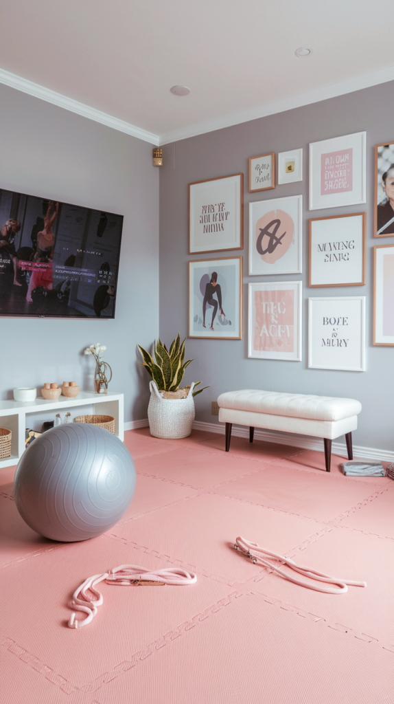 A spacious room divided into zones with a blush pink rubber flooring base. One corner has a gray stability ball and blush pink resistance bands, while another has a soft white bench for stretching. A large wall-mounted TV streams workout videos, surrounded by a gray gallery wall of fitness-themed art prints.