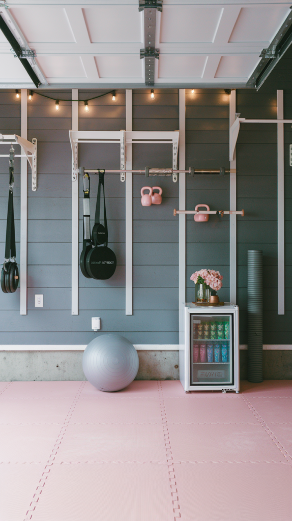 A transformed garage space with blush pink foam tiles covering the floor. The walls are painted gray with white trim, featuring mounted racks for weights and blush pink kettlebells. String lights hang overhead, and a chic white and gray mini fridge stores cool beverages.